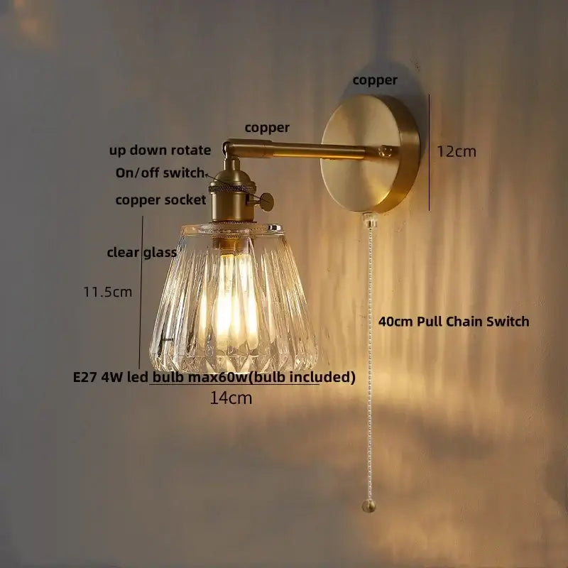 Modern faceted glass copper wall lights with brass-finished arm and clear faceted shade featuring e27 led bulb