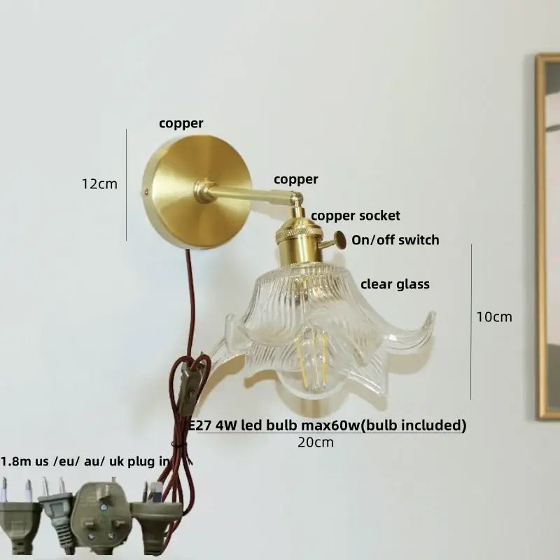 Modern faceted glass copper wall lights featuring a vintage-style brass copper finish and clear glass shade bedroom sconce