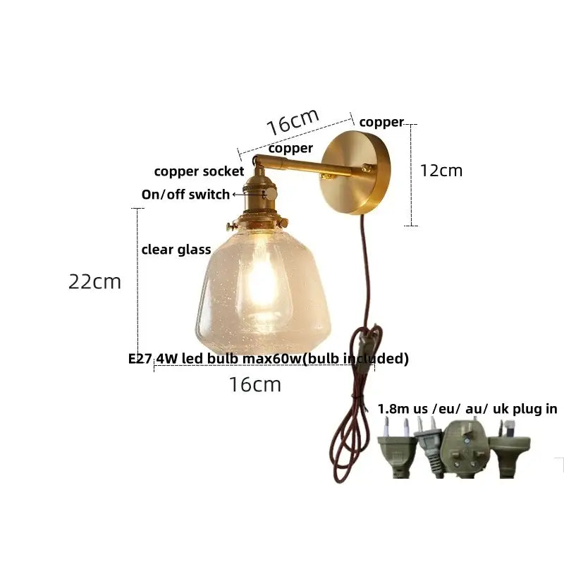 Vintage-style copper wall lights with modern faceted clear glass shade and included e27 led bulb for bedroom sconce