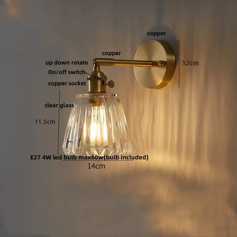 Modern faceted glass copper wall lights with brass-finished arm featuring clear faceted glass and e27 led bulb for bedroom