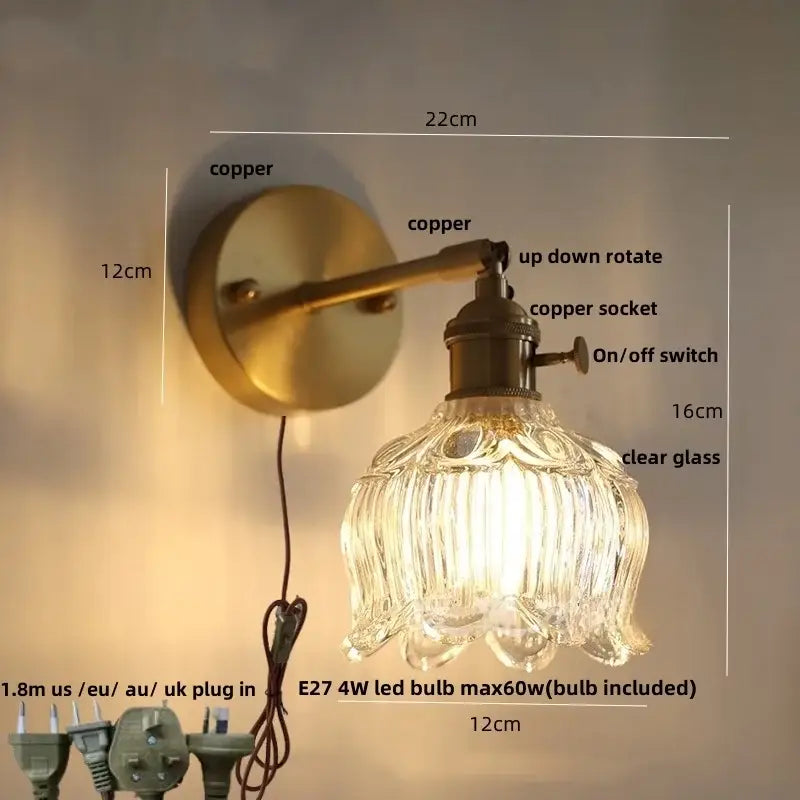 Modern faceted glass copper wall lights featuring a vintage-style copper wall sconce with a clear ribbed glass shade