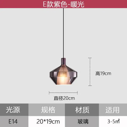 Modern purple glass pendant light with faceted diamond design emitting warm glow for home art decor and dining room use
