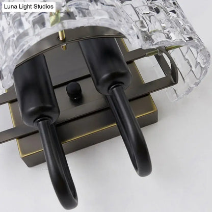 Modern fan clear crystal wall lamps with clear faceted glass shade black metal arms and bronze base for 110v-120v use