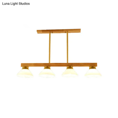 Modern wooden and brass ceiling lights product with four frosted glass shades wooden cone shade linear pendant light for kitchen island