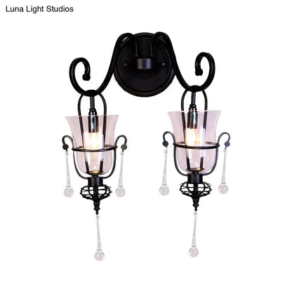Modern flared black metal wall lamp with clear glass shades and crystal droplets 220v-240v 110v-120v bedroom sconce