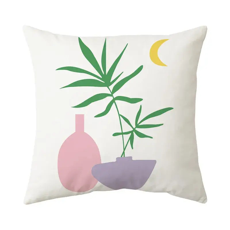 White decorbites butterfly pillowcase with minimalist green bamboo leaves pink vase and purple bowl design for living room decor