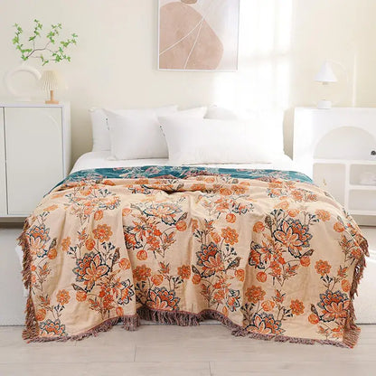 Beige decorbites cooling cotton blanket with orange and teal blossoms textured fringe for bedroom decor