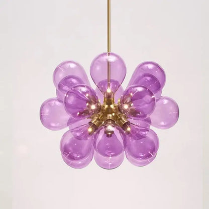 Modern floral teal glass ball pendant light with purple glass globe and brass accents for dining room kitchen decorbites glass ball