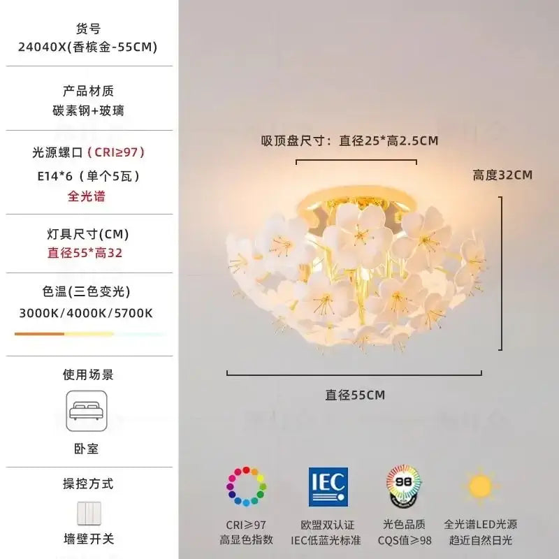 Modern floral white and gold pendant light with delicate cherry blossom design in carbon steel and glass for practical illumination