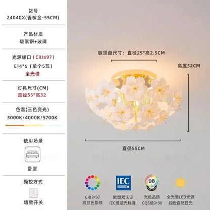 Modern floral white and gold pendant light with delicate cherry blossom design in carbon steel and glass for practical illumination
