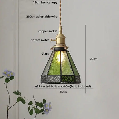 Modern flower pendant lights with green stained glass, brass accents, and copper socket for dining room decorbites clear glass led