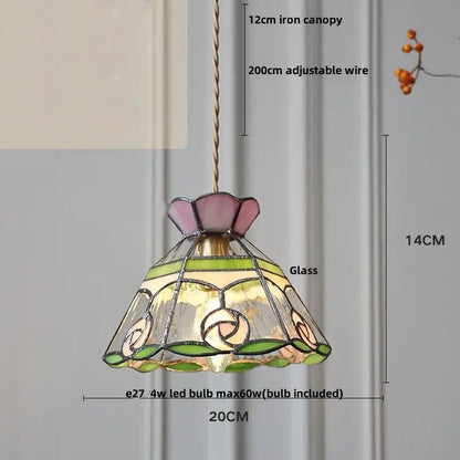 Delicate tiffany-style pendant light with pink and green floral decorbites clear glass led for dining room decor