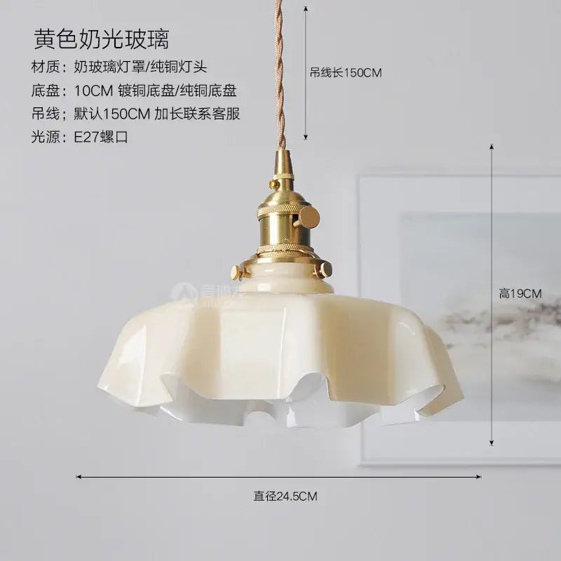 Modern fluted cream glass pendant light with ruffled design brass fixture and 150cm twisted cord for dining room