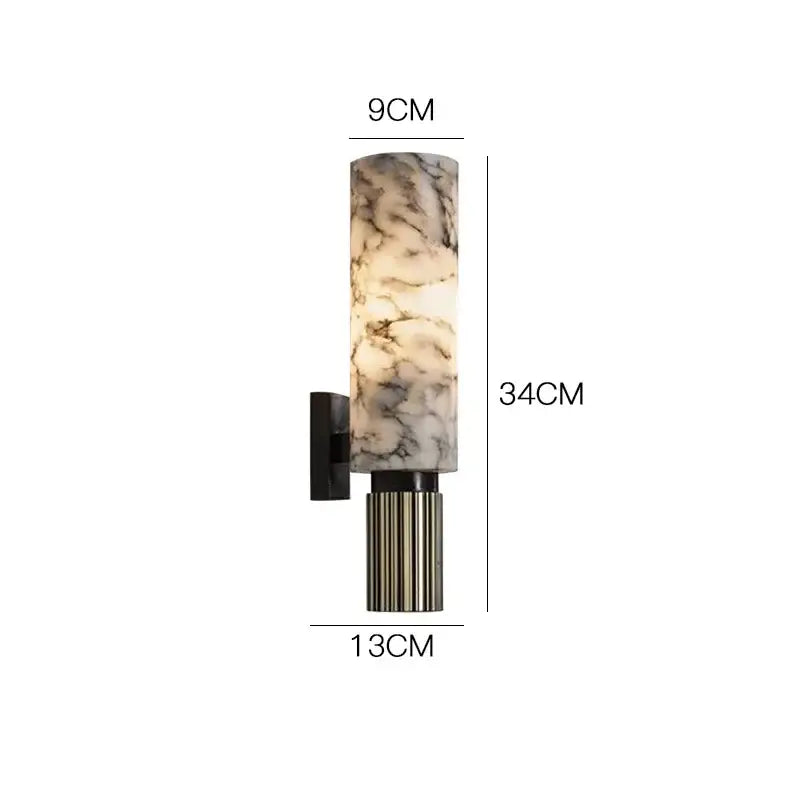 Modern fluted decorbites dolomite marble wall light with cylindrical marble-patterned glass shade and ribbed metallic base