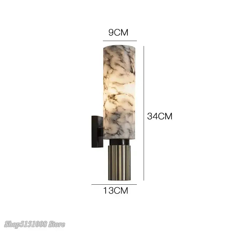 Modern fluted decorbites dolomite marble wall light with cylindrical marble-patterned glass shade and brushed metal base