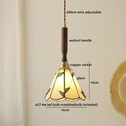 Modern fluted yellow glass pendant light with warm amber leaf motifs featuring led walnut copper handle and socket