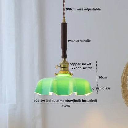 Delicate pink glass pendant light with walnut handle and brass accents for modern decorbites led walnut copper settings