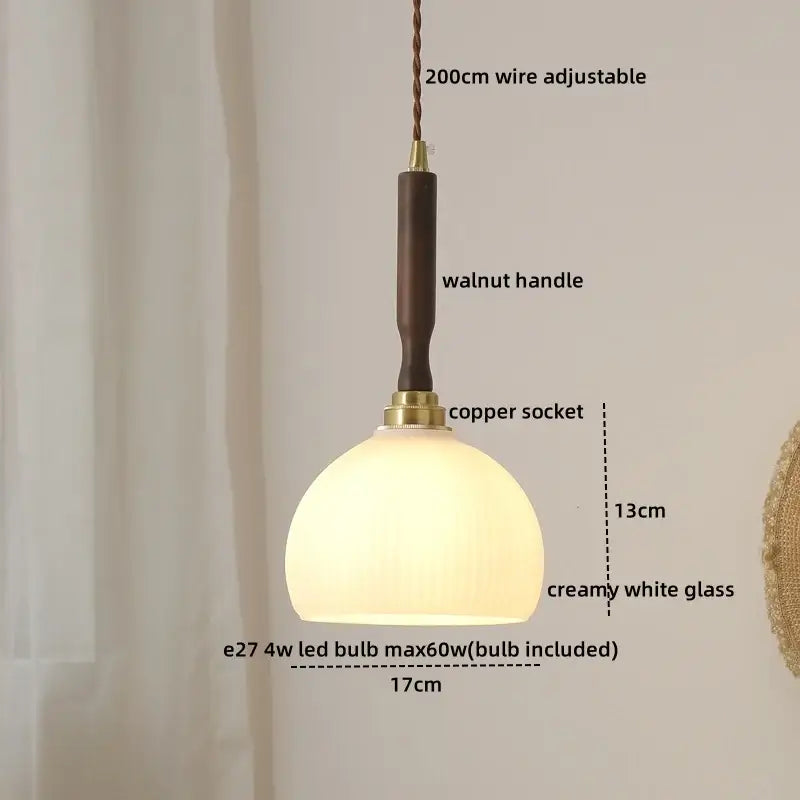 Creamy white glass pendant light with walnut handle and copper socket for modern led walnut copper decorbites pendant light