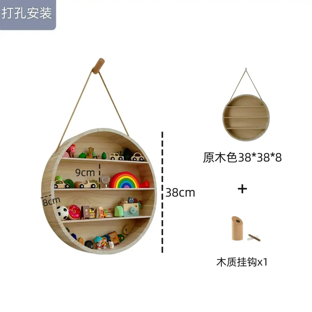 Modern four tier circular wooden frame living room wall shelf featuring a round natural wood hanging shelf with wooden hook