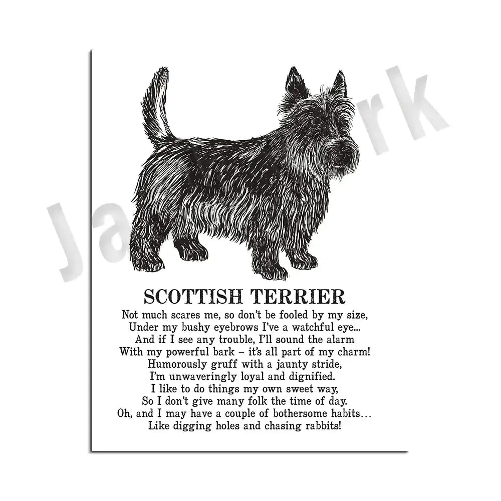 Modern framed black and white scottish terrier dog breed poster with poem for bedroom wall decor by decorbites dog breed