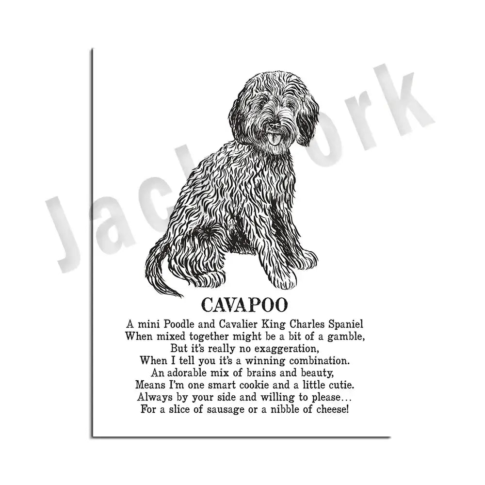 Modern framed black and white decorbites dog breed poster featuring a playful cavapoo illustration for bedroom wall decor