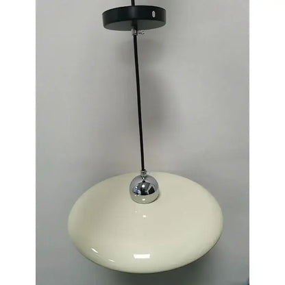 Modern french cream metal pendant light with glossy glass shade chrome sphere and black ceiling mount for dining room