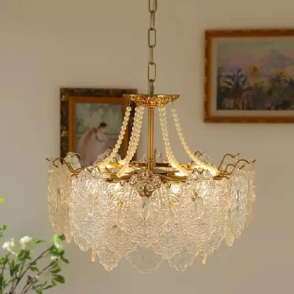 Modern french gold and clear glass led chandelier with intricate crystal panels and beaded chains for living room decorbites clear glass