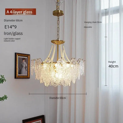 Elegant modern French gold chandelier with brass iron frame and cascading clear glass LED tiers for living room decorbites clear glass