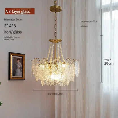 Modern french gold and clear glass led chandelier with elegant brass and intricate lace-like clear glass layers for living room decorbites clear glass