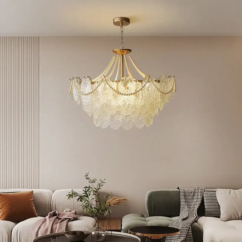 Modern french gold led chandelier with clear glass crystal lace shades and pearl accents for living room decorbites clear glass