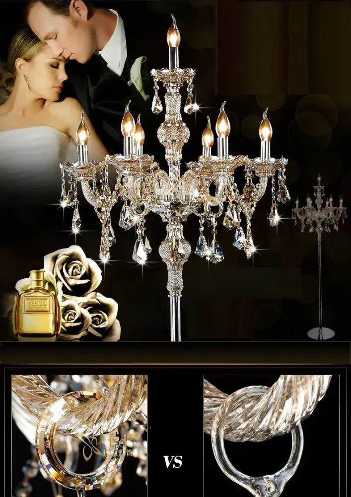 Modern french gold champagne crystal floor lamp with multiple lit candle-style bulbs and dangling crystal droplets