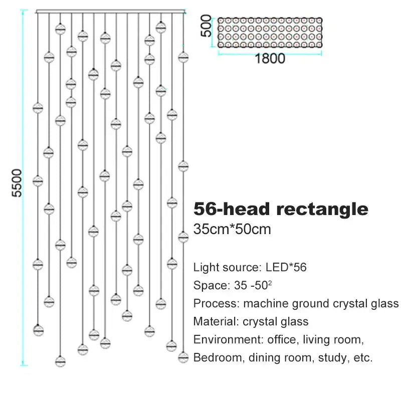 Modern frosted 56-head rectangular crystal ball chandelier pendant light with led lights for staircase decorbites crystal ball decor