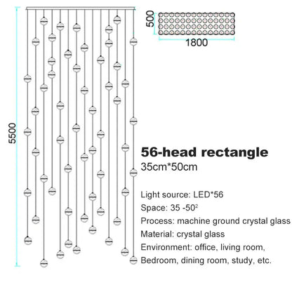 Modern frosted 56-head rectangular crystal ball chandelier pendant light with led lights for staircase decorbites crystal ball decor