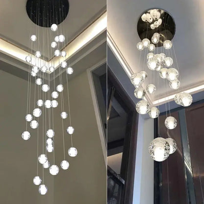 Modern frosted glass decorbites crystal ceiling chandelier with cascading spherical orbs and black circular mount