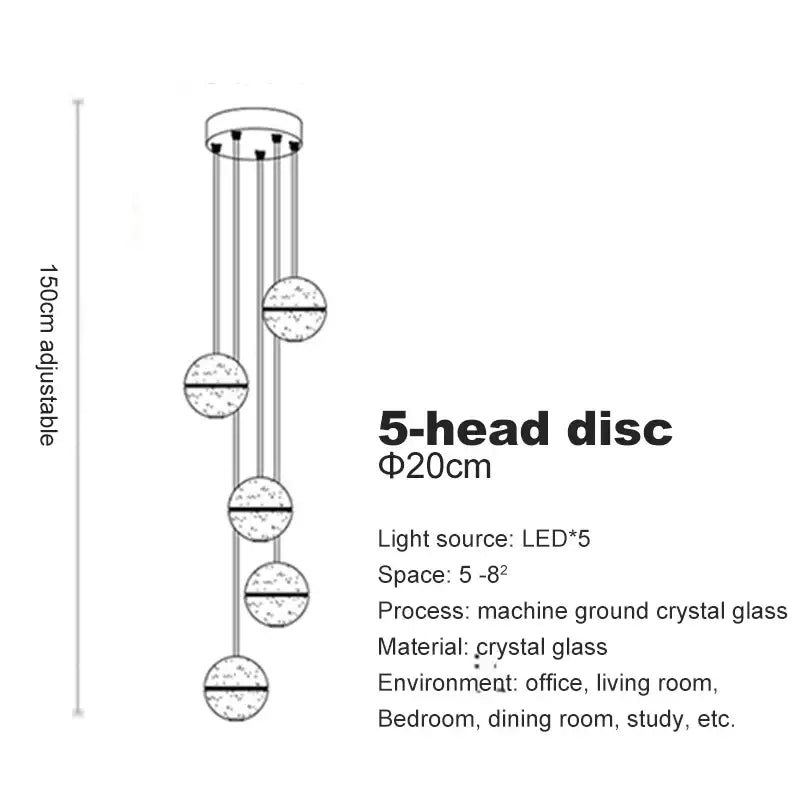 Modern frosted glass crystal ceiling chandelier with five spherical discs and slender rods by decorbites crystal ceiling