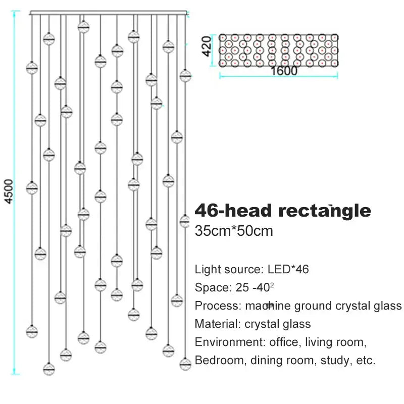 Modern frosted glass crystal ceiling chandelier with 46-head rectangular led and machine-ground decorbites crystal beads
