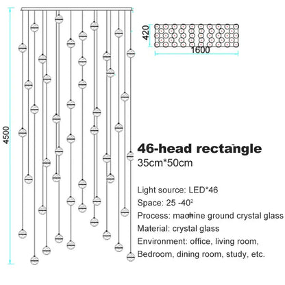 Modern frosted glass crystal ceiling chandelier with 46-head rectangular led and machine-ground decorbites crystal beads