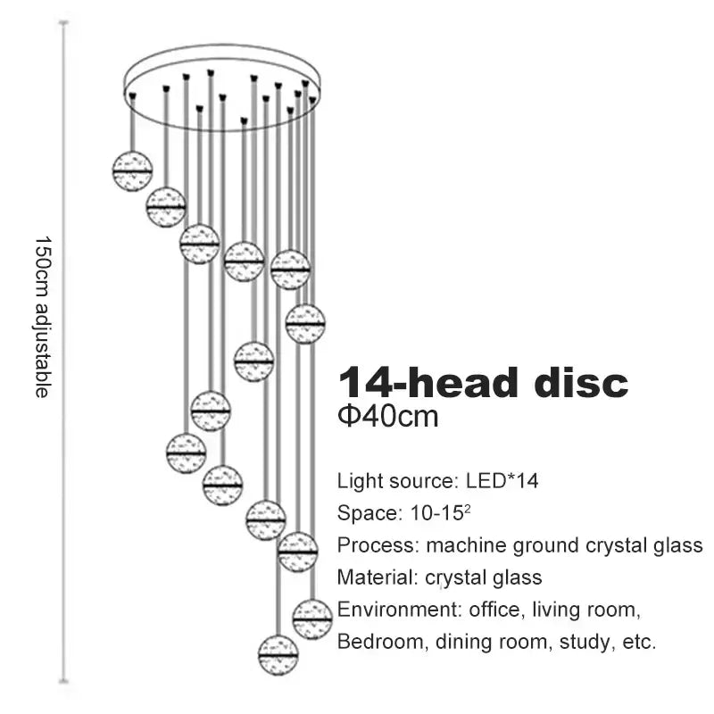 A modern 14-head decorbites crystal ceiling chandelier with frosted glass spheres and sleek circular top pendant light