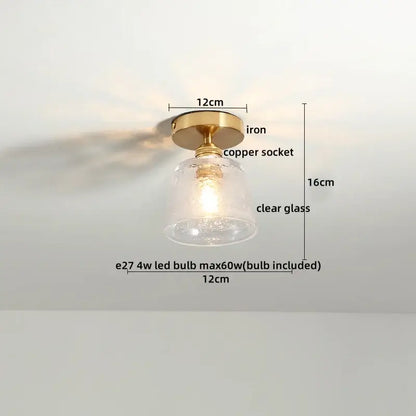 Modern frosted glass led ceiling light with brass-finished iron frame clear glass shade and copper socket for corridors