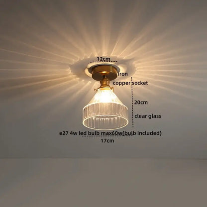 Modern frosted glass led ceiling light with brass iron socket and clear ribbed glass shade for corridors