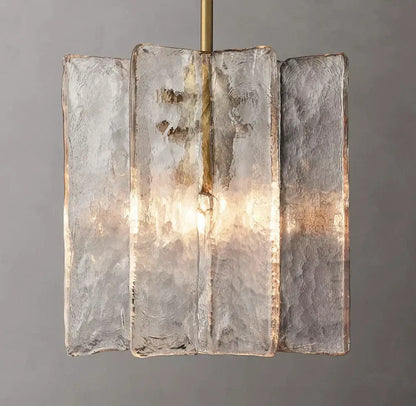 Modern frosted gray glass lattice pendant light with four textured panels suspended by brass rod for dining room decorbites pendant lights