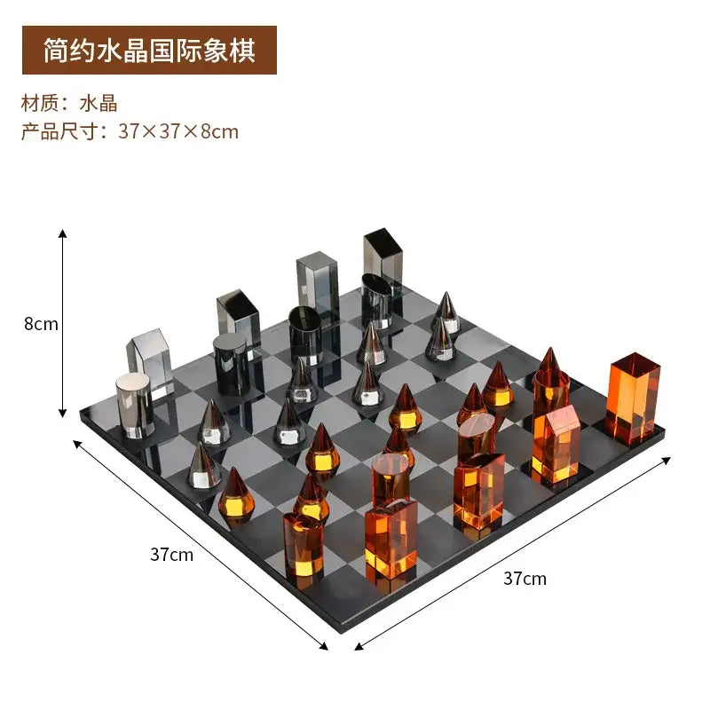 A sleek geometric design chess set with translucent amber and silver crystal pieces for modern home decor