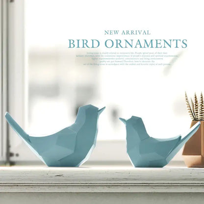 Two matte teal geometric decorbites couple birds resin figurines for modern living room decor