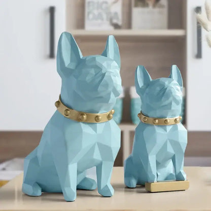 Light blue geometrically faceted decorbites dog statue with gold studded collar modern living room sculpture