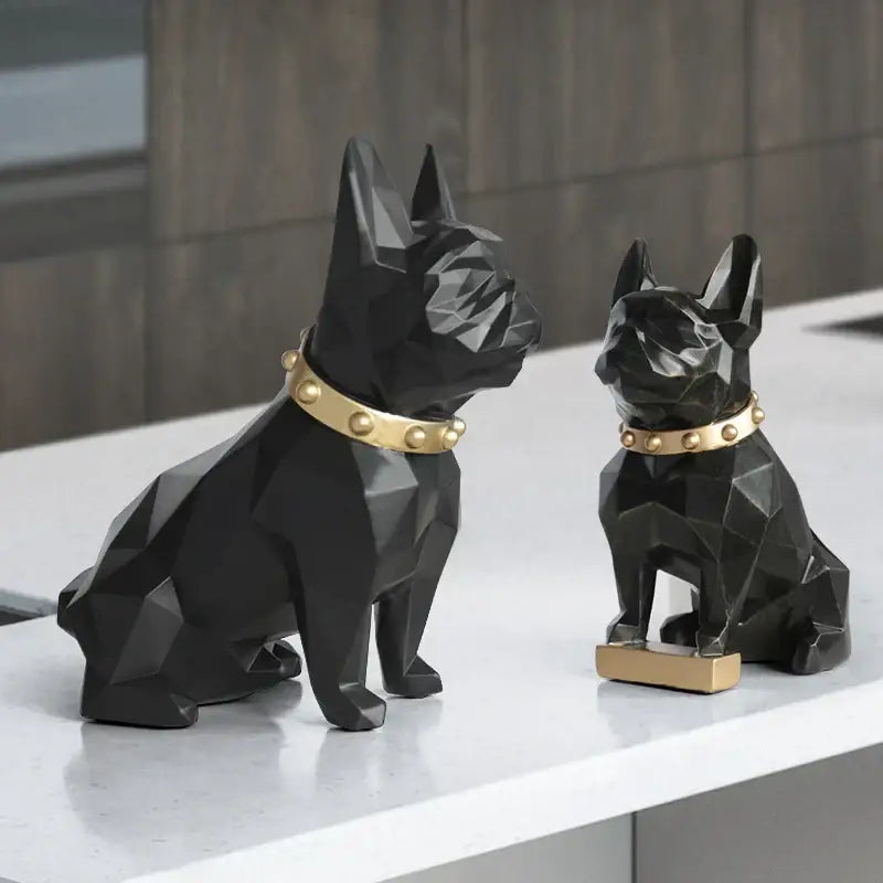 Modern geometric black decorbites dog statue featuring french bulldog figurines with gold collars for living room decor