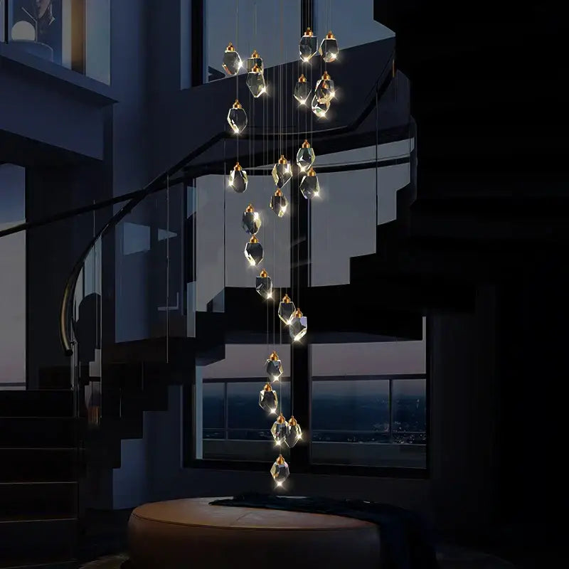 Modern geometric black and gold decorbites crystal diamond chandelier with faceted crystal pendants for stairwell light decor