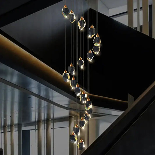 Modern geometric black and gold decorbites crystal diamond chandelier with faceted crystal pendants for stairwell lighting
