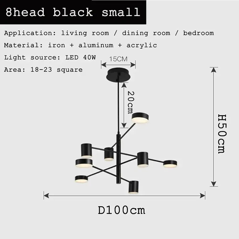 Black modern chandelier with eight circular led lights in iron and aluminum for living room decorbites black gold white