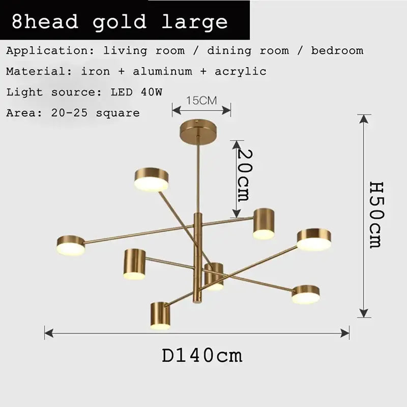 Modern geometric black gold white led chandelier with eight gold white led iron and aluminum lights for living room decorbites black gold