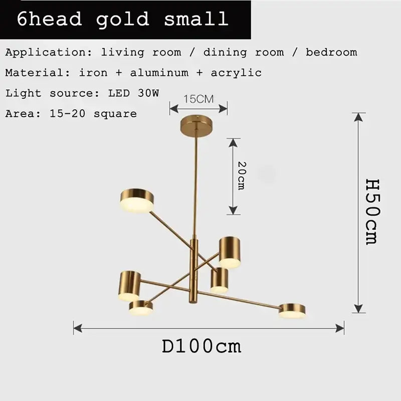 Modern geometric black gold white led chandelier with six gold-finished heads in iron, aluminum, and acrylic decorbites black gold design